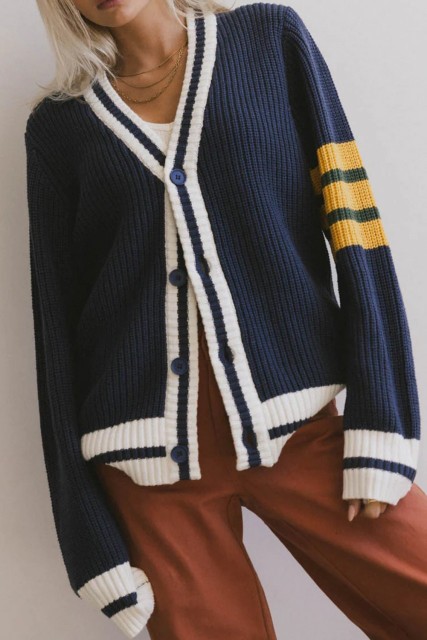 Dirty blue Ribbed Knit Striped Detail Button V Neck Preppy Sweater Cardigan LC2712637-P1005