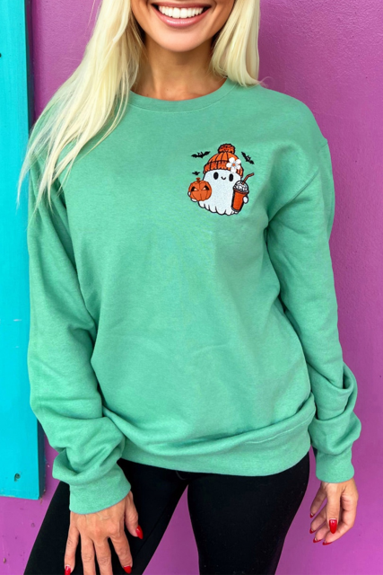 Aruba Blue Cute Halloween Ghost Embroidered Casual Sweatshirt LC25320022-P504