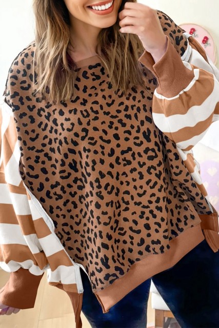 Khaki Stripe Color Block Patchwork Leopard Casual Sweatshirt with Slits LC25319761-P1619
