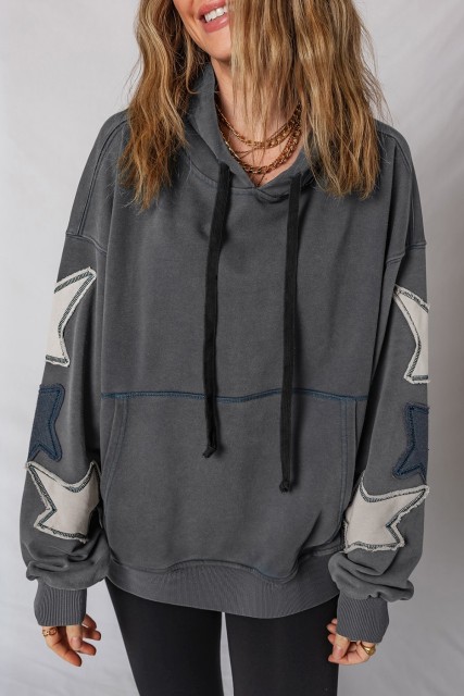 Carbon Grey Star Patchwork Contrast Stitching Mineral Wash Kangaroo Pocket Vintage Hoodie LC25319369-P4011