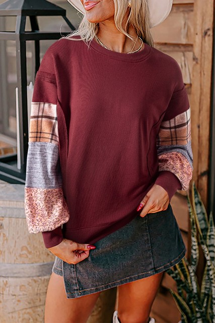 Red Sandalwood Plaid Colorblock Patchwork Sleeve Raw Seam Sweatshirt LC25319631-P3017