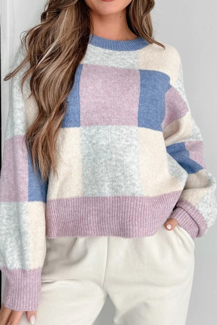 Dark Blue Plaid Color Block Casual Sweater LC2727655-P522