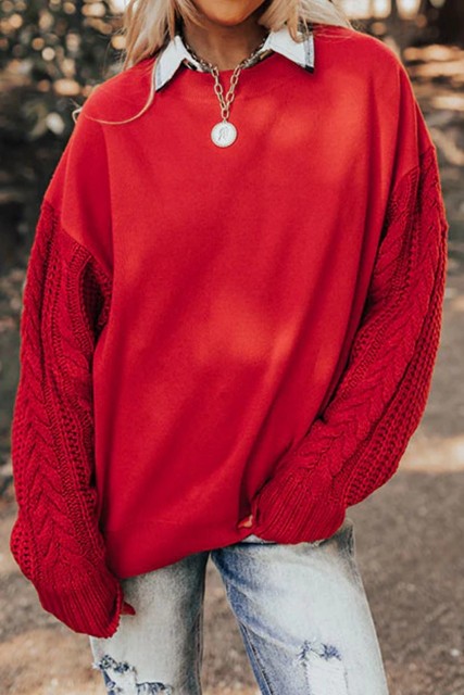 Fiery Red Cable Knit Textured Patchwork Sleeve Slouchy Sweater LC2727643-P3