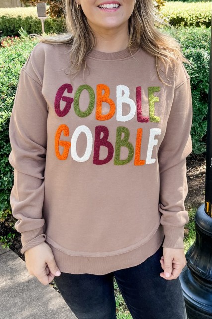 Dark Khaki GOBBLE Letter Graphic Thanksgiving Shift Sweatshirt LC25319923-P1117
