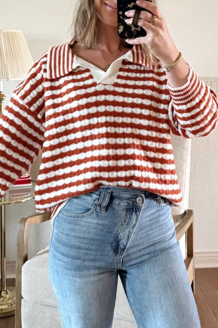 Cinnamon Striped Collared Cozy Sweater LC2726636-P1317