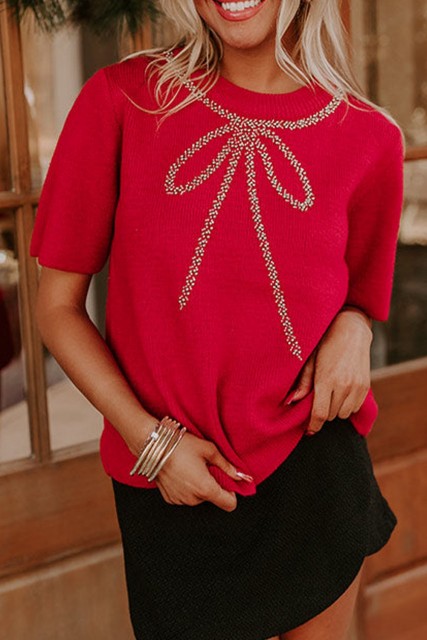 Fiery Red Contrast Bowknot Print Crew Neck Short Sleeve Sweater LC2727646-P3