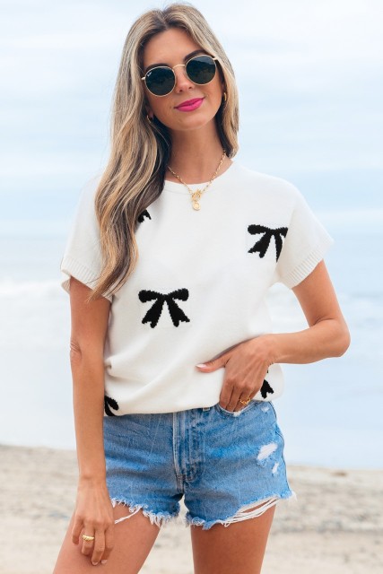 White Bow Pattern Knit Short Sleeve Sweater LC277801-P222