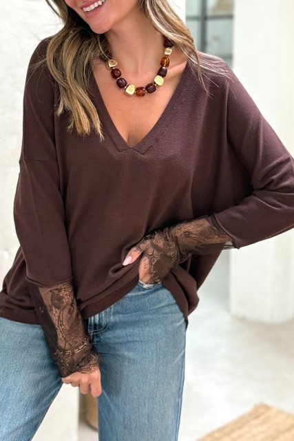 Chicory Coffee lace panel sweater LC2727694-P7017
