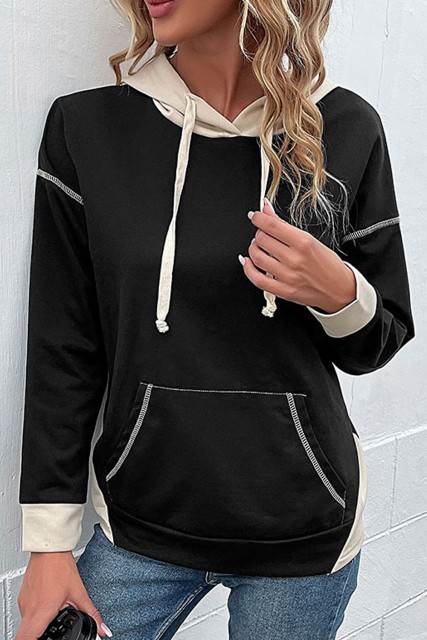 Black Contrast Seam Color Block Hooded Sweatshirt LC25319821-P2