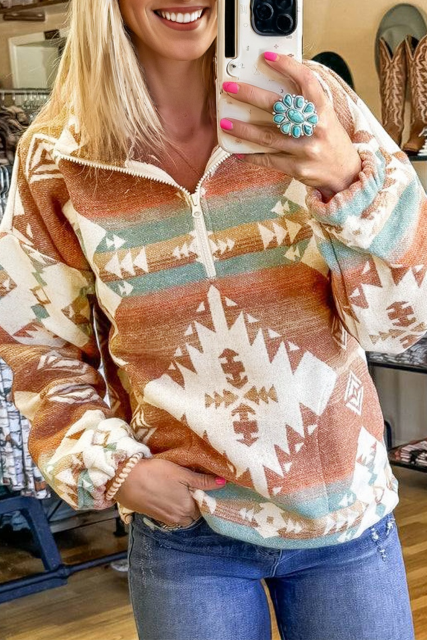 Khaki Quarter Zip Elastic Cuffs Aztec Sweatshirt LC25319626-P1622