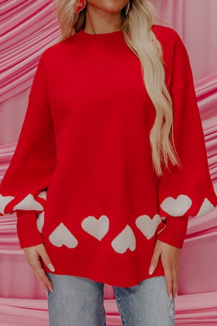 Fiery Red Contrast Heart Pattern Lantern Sleeve Tunic Sweater LC2727642-P3