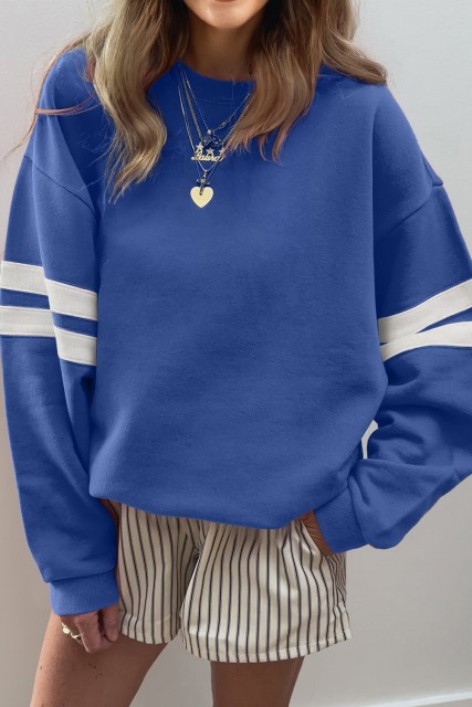 Sky Blue Varsity Striped Detail Drop Shoulder Oversized Sweatshirt LC25319578-P205