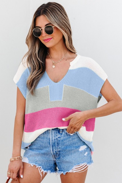 Light Blue Color Block Notch V Neck Sweater T Shirt LC277874-P422