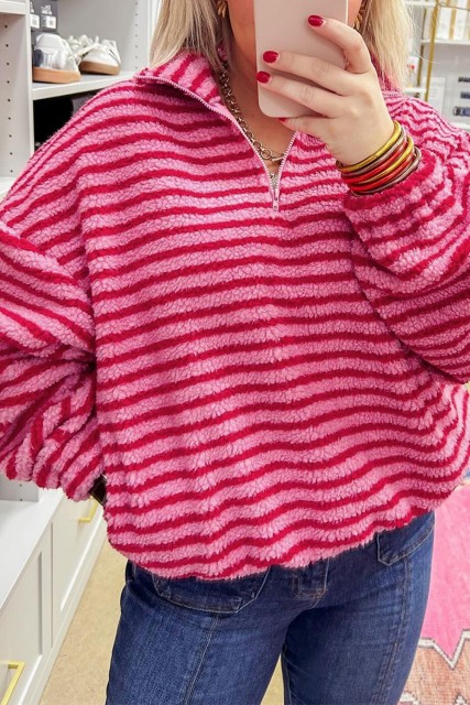 Pink Stripe Quarter Zip Fleece Oversize Sweatshirt LC25319724-P1019