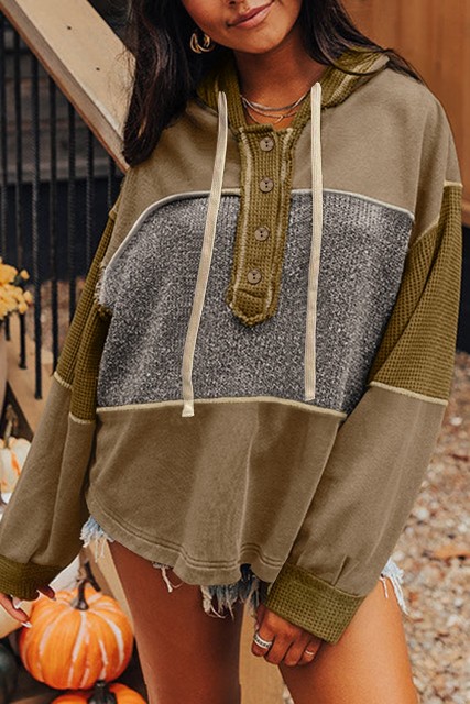 Jungle Green Mixed Texture Patchwork Exposed Seam Half Button Pullover Hooded Sweatshirt LC25316343-P609
